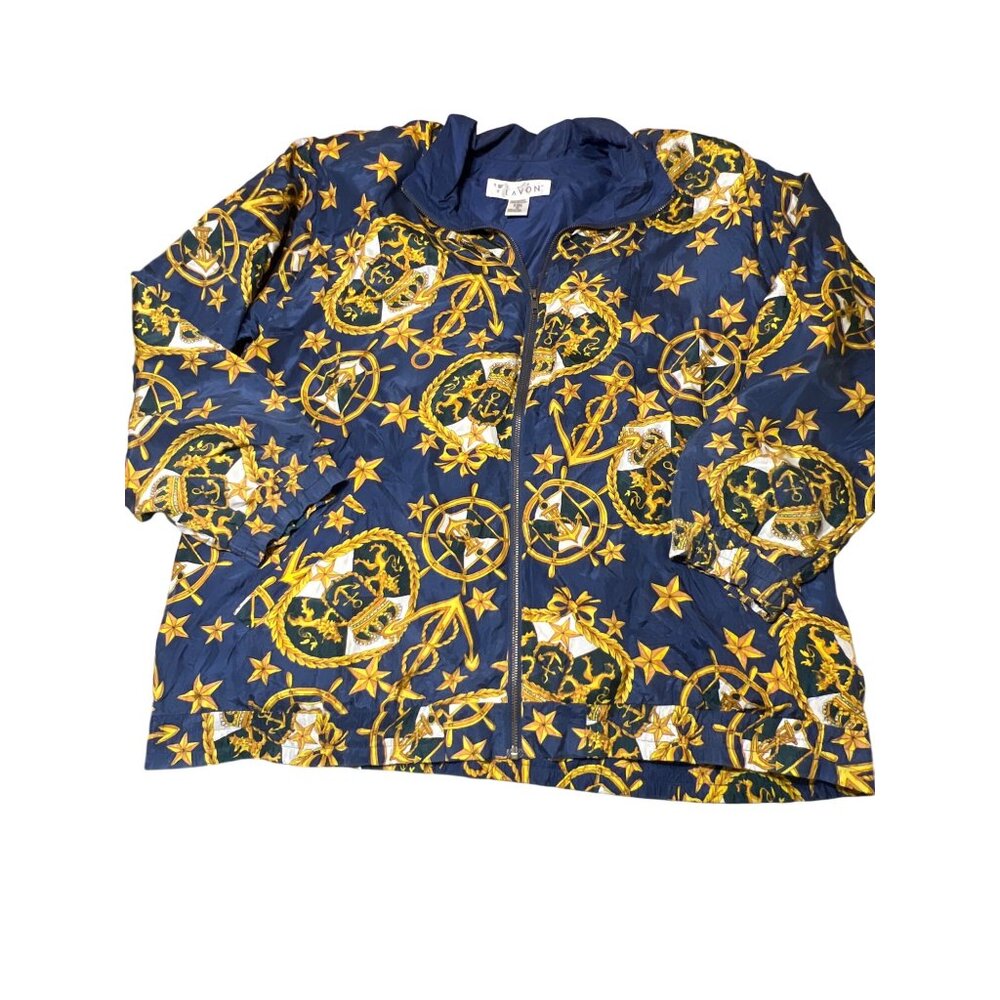 Vintage Lady Lavon 100% Silk Navy Gold Nautical Print Jacket Full Zip Size 2X